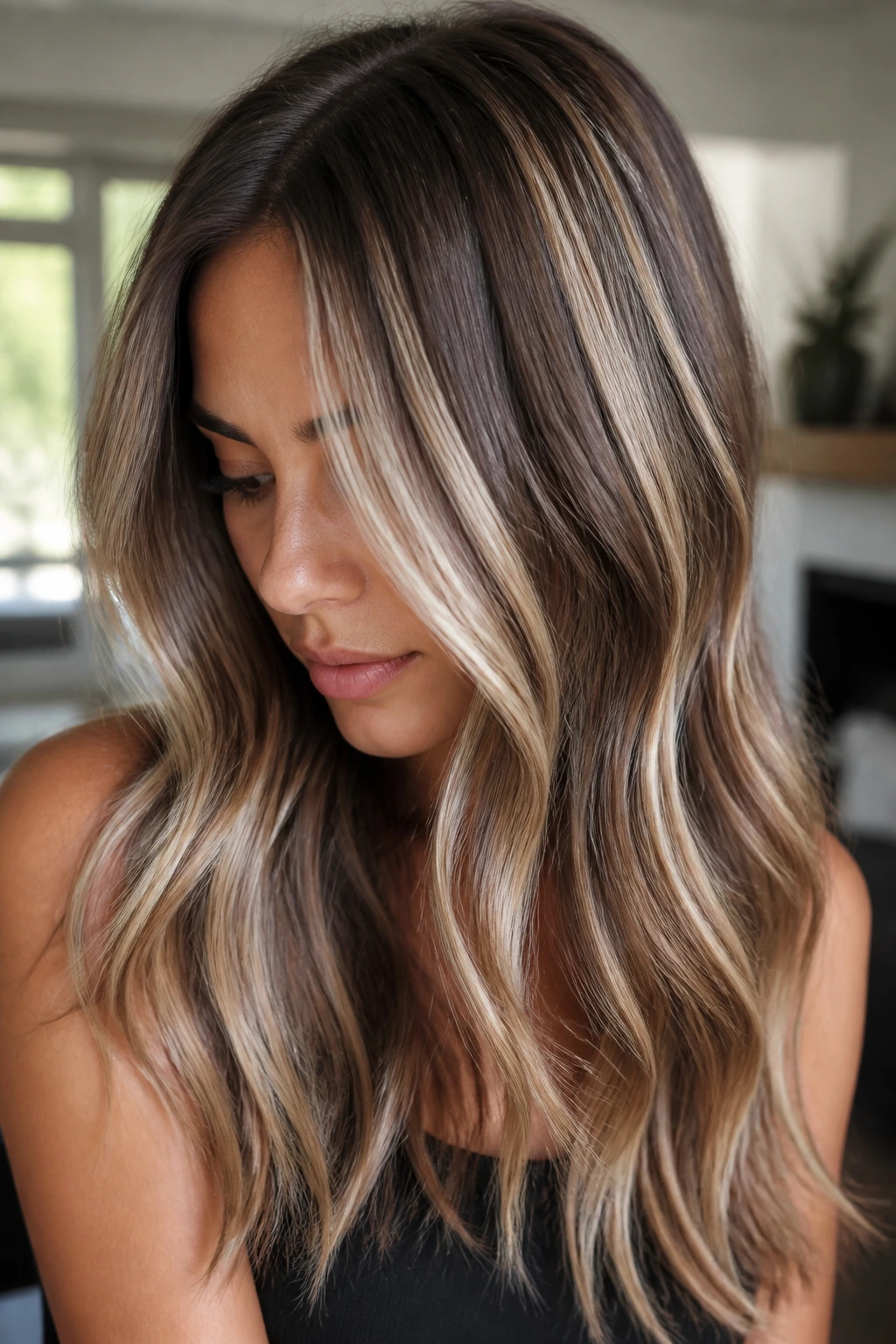 Medium brown hair with soft vanilla cream streaks in natural window light