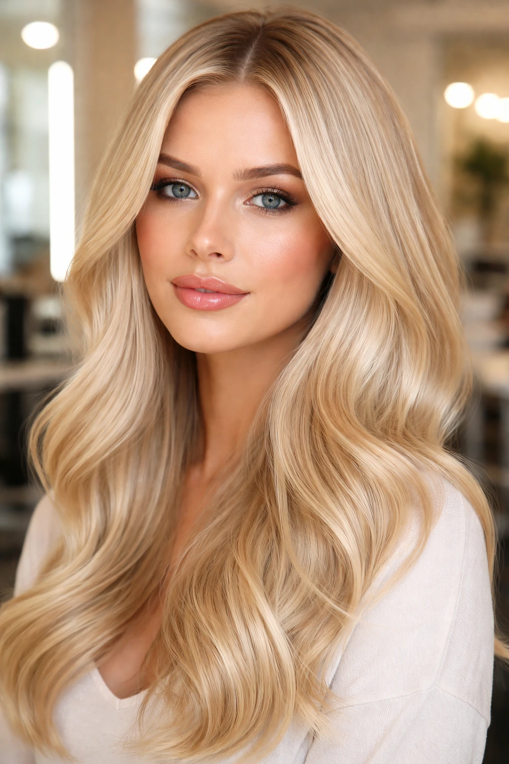 Close-up portrait of real person with glossy vanilla glazed blonde hair.