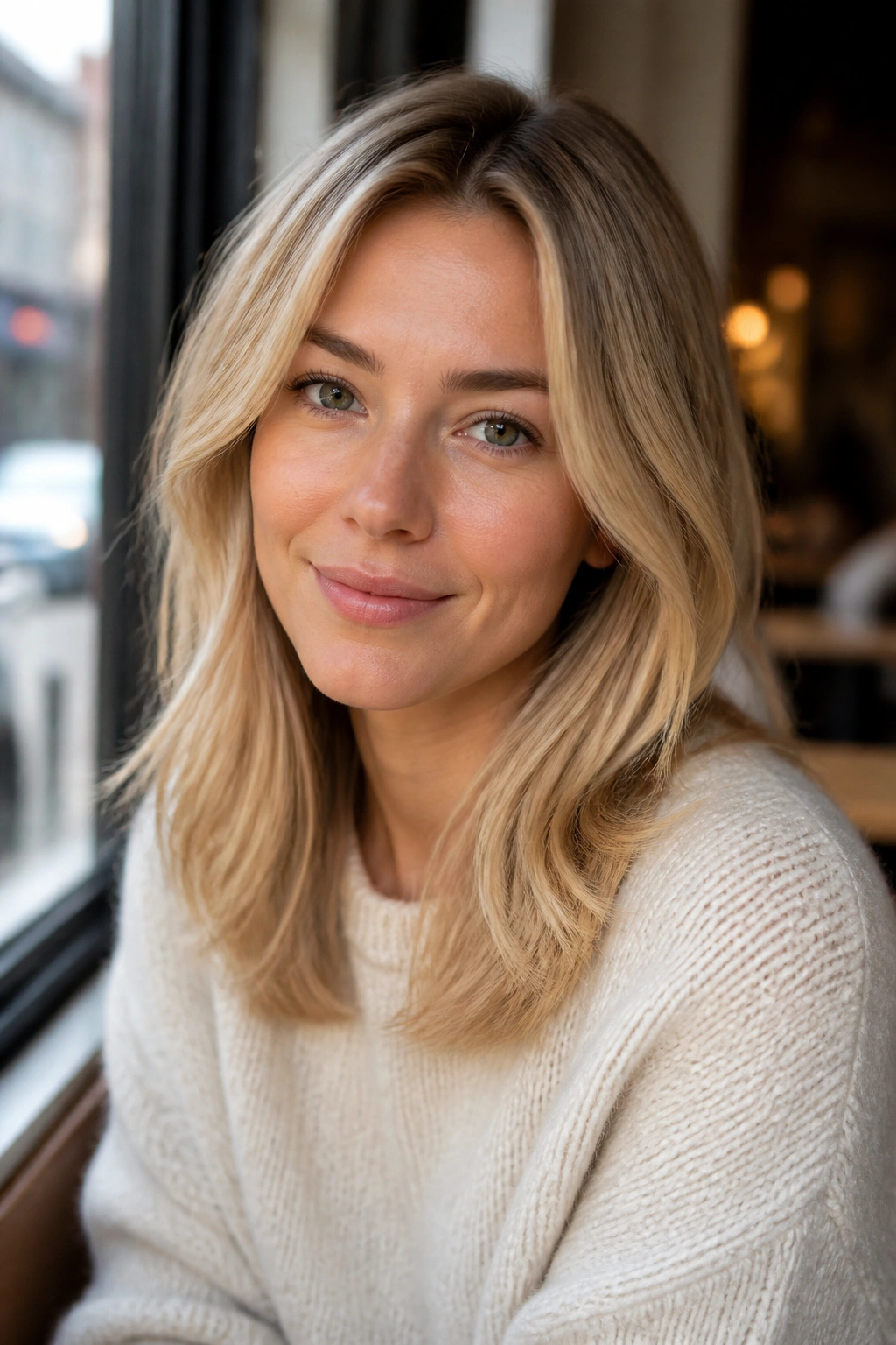 Close-up portrait of a woman with vanilla honey blonde layered midlength hair in natural light.