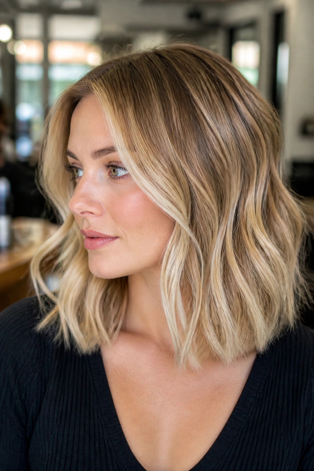 Shoulder-length hair with vanilla honey foilayage on a real woman, soft ribbons and creamy tones.