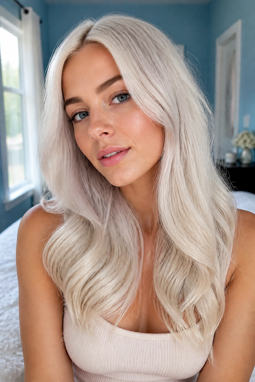 Close-up portrait of a real woman with vanilla ice blonde hair