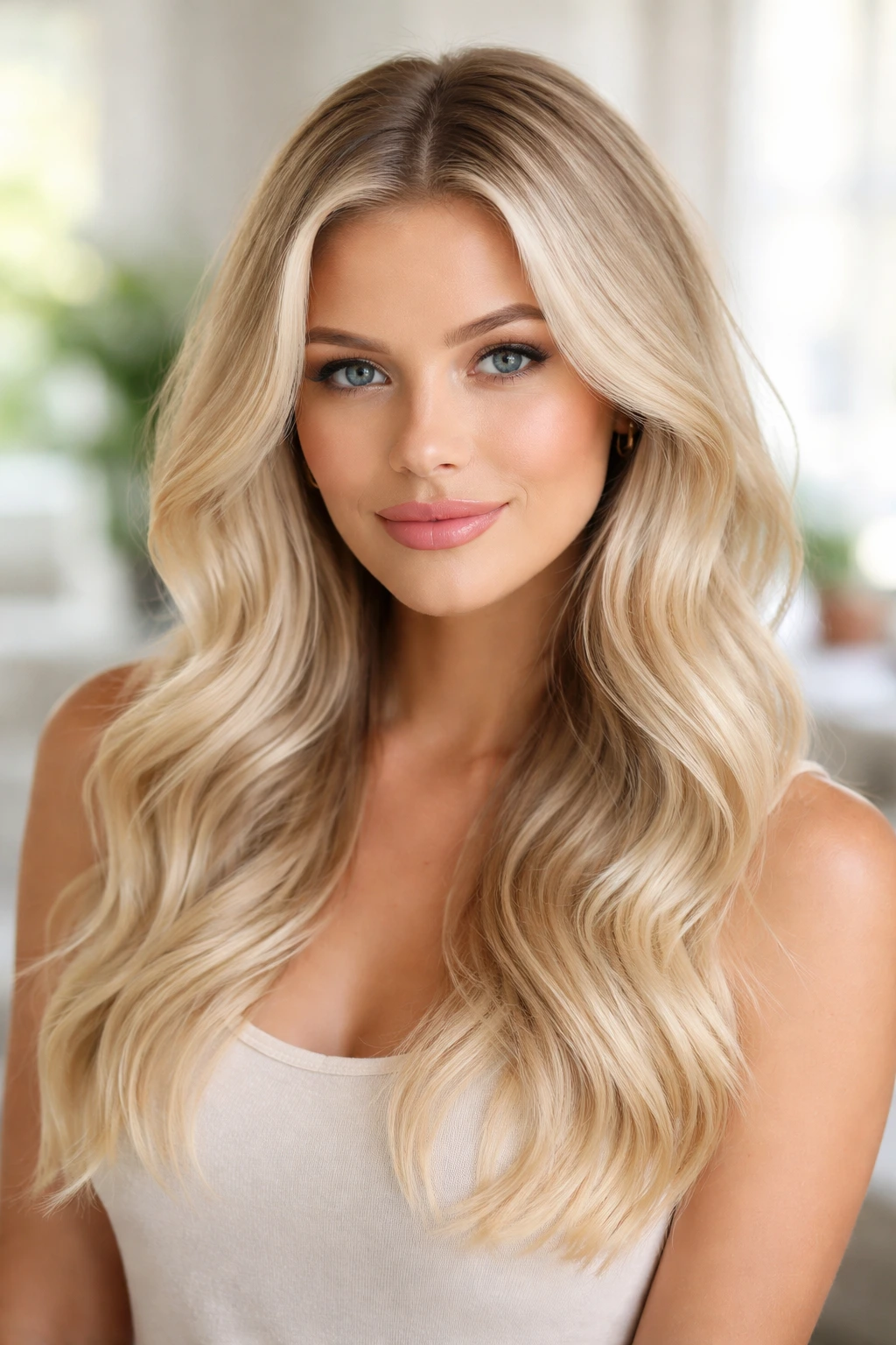 Close-up portrait of a real woman with vanilla ice blonde and lived-in roots in soft daylight