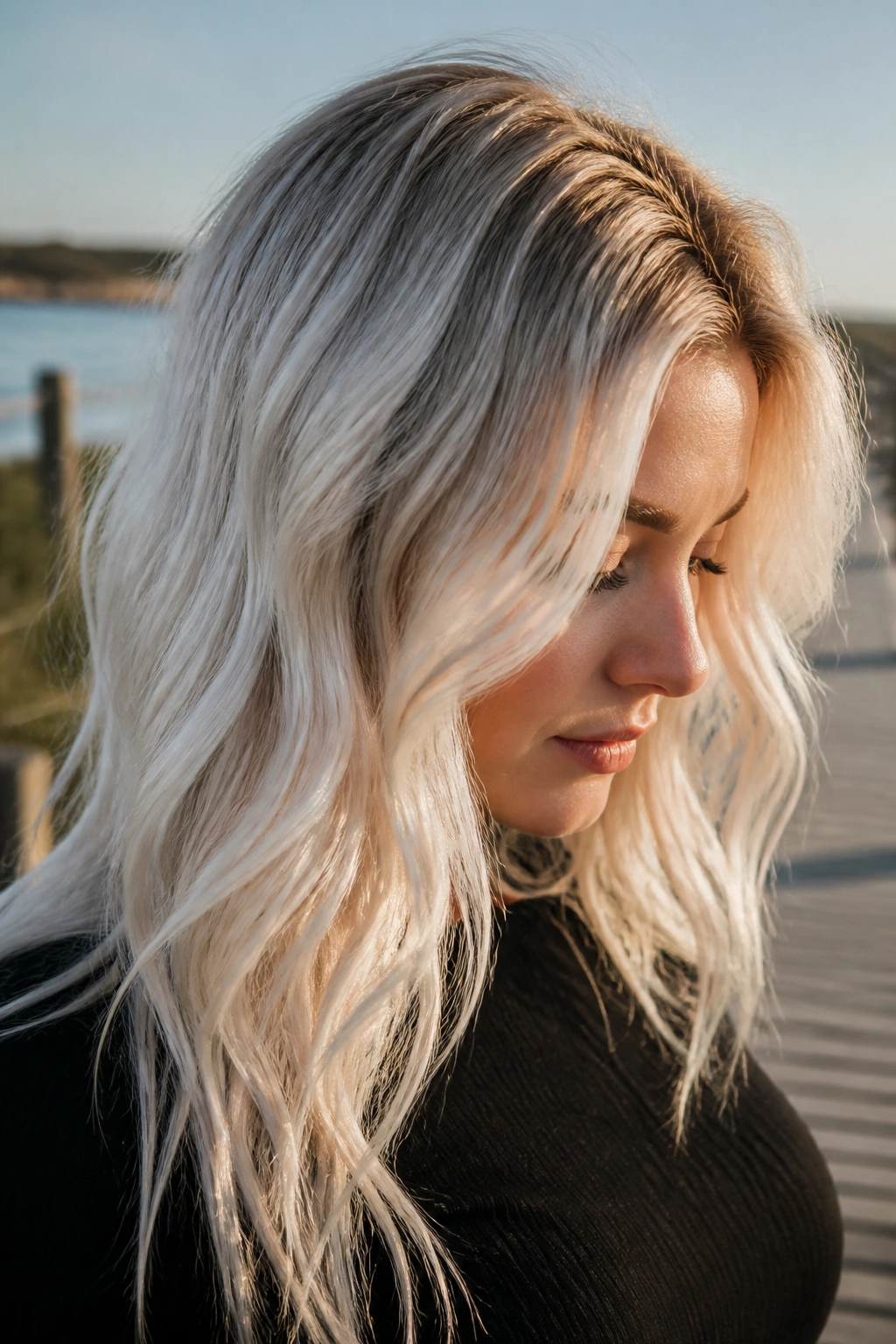 Close-up of a person with vanilla ice blonde hair and melted roots at the crown by the beach