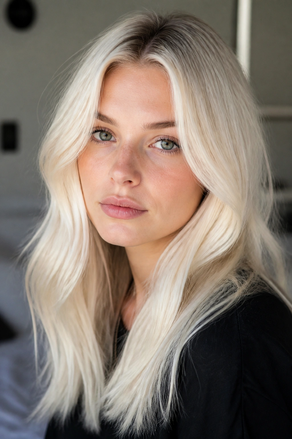 Real person with vanilla ice blonde hair and subtle root shadow