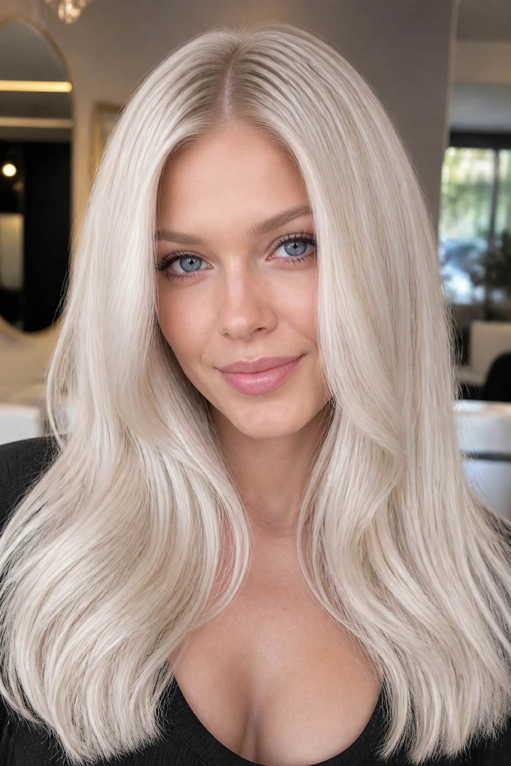 Portrait of a person with vanilla ice blonde hair and satin gloss