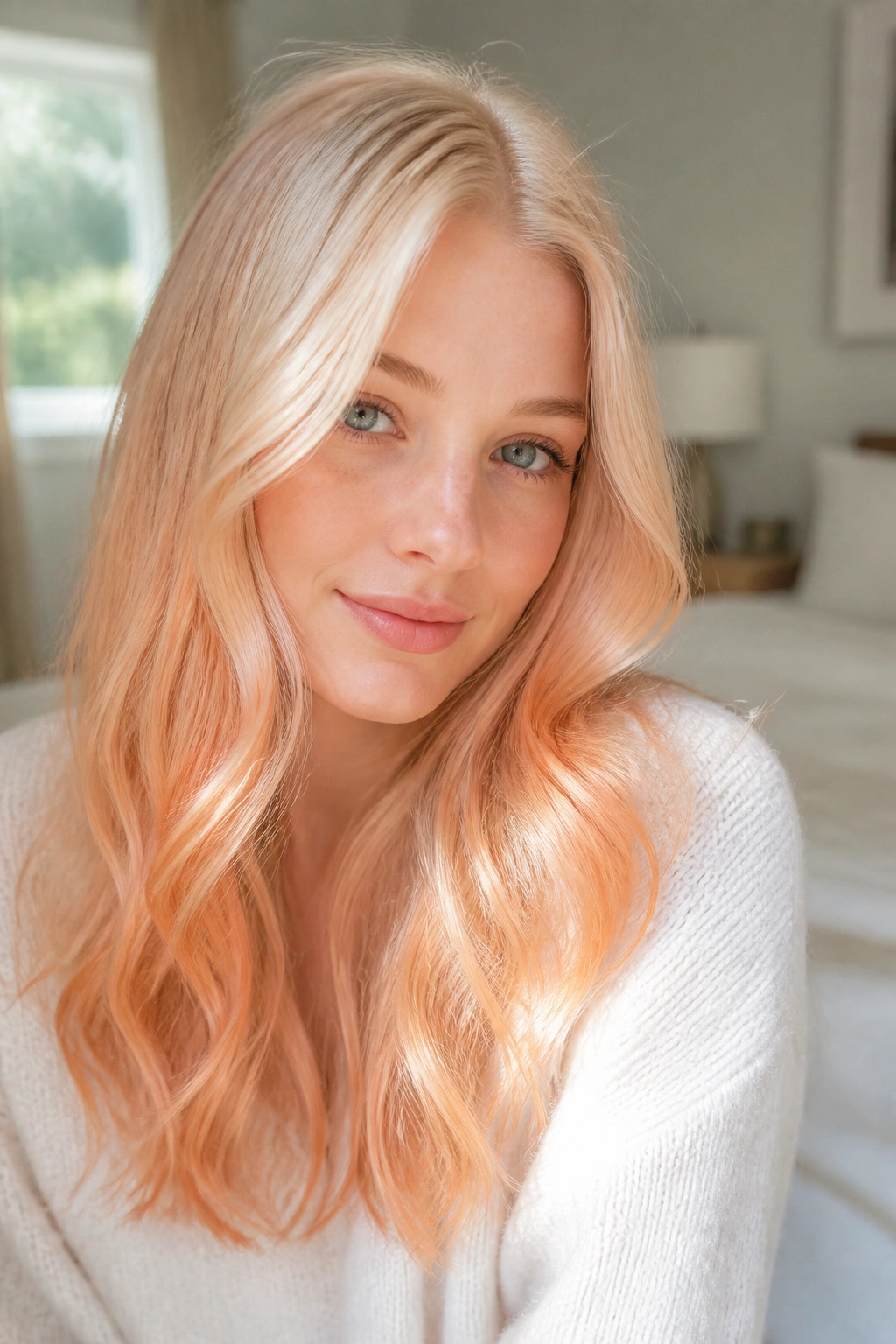 Close-up portrait of a woman with vanilla strawberry blonde and apricot hint in soft morning light