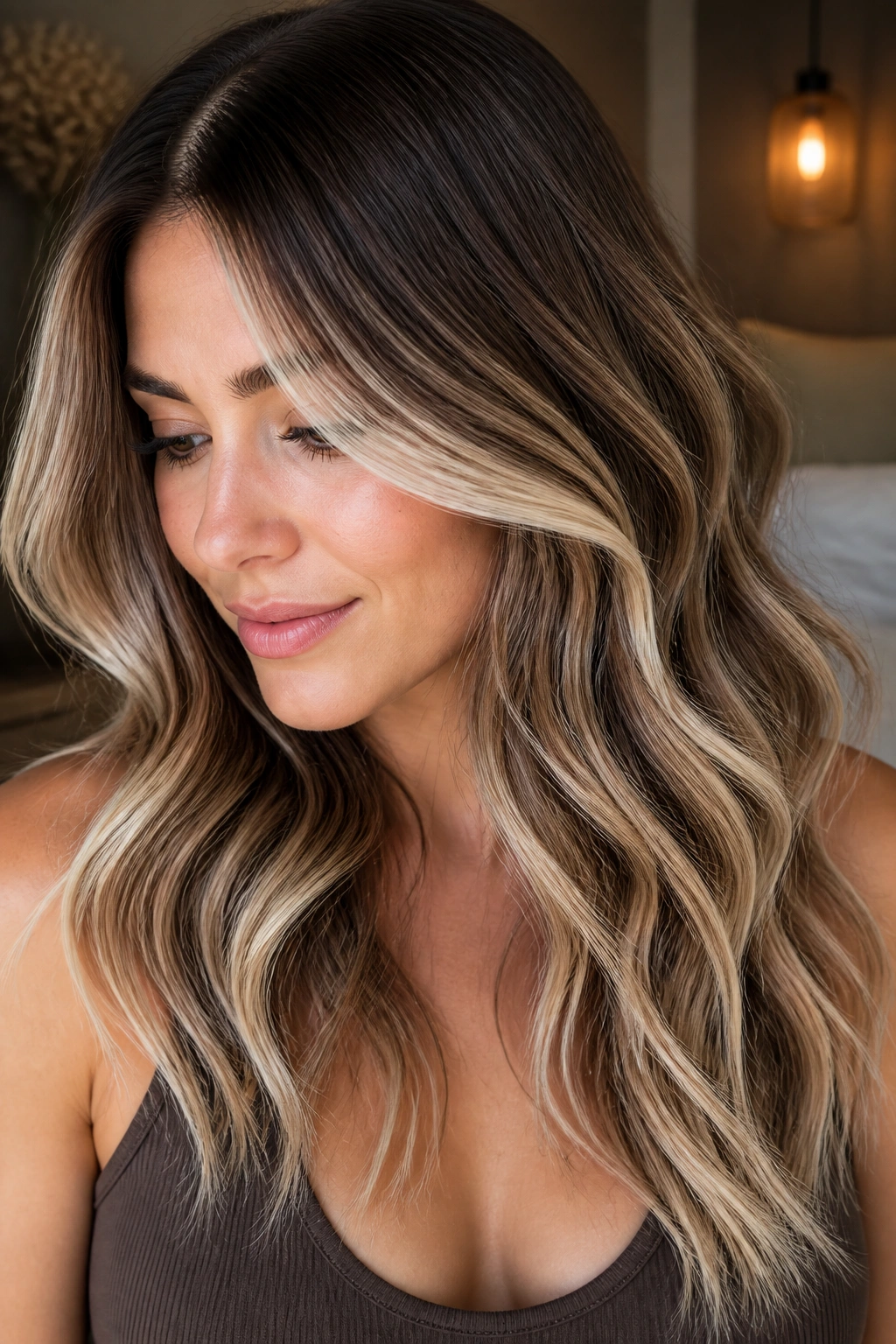 Real person with mocha brown hair and vanilla white balayage in warm indoor light