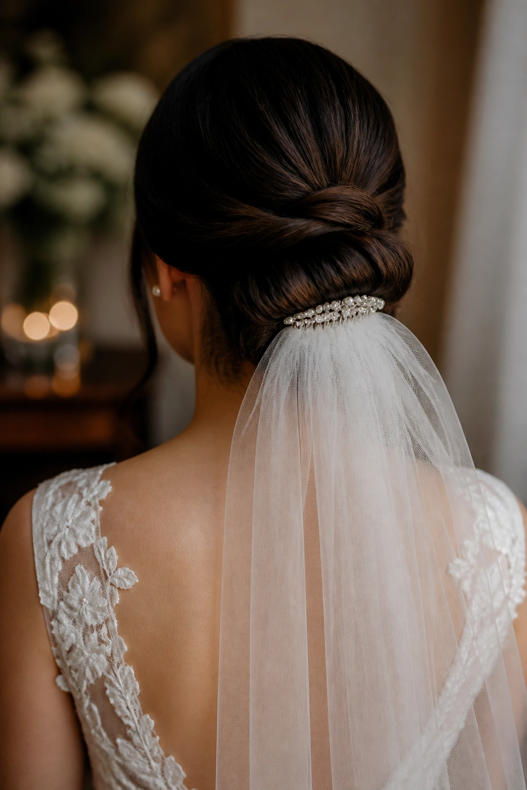 Back view of a bride's chignon anchored for a veil
