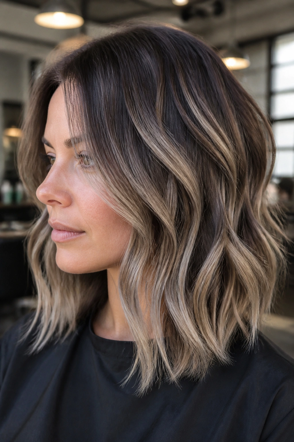 Wavy lob with delicate veil-fine silver balayage catching light.
