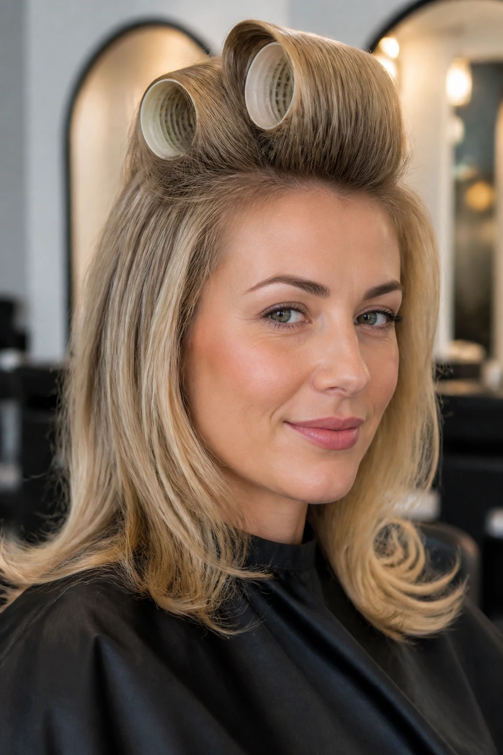 Close-up of a real woman with a voluminous blowout and visible velcro rollers.