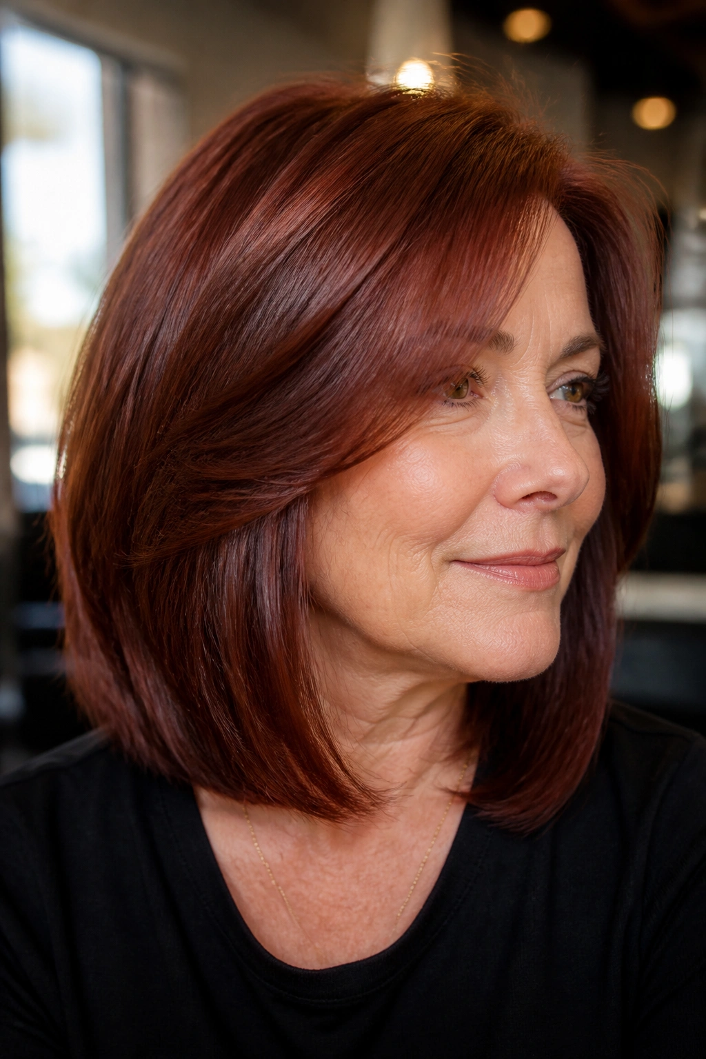 Close-up portrait of a real woman with velvet auburn hair and glossy finish, shoulder-length layered bob.