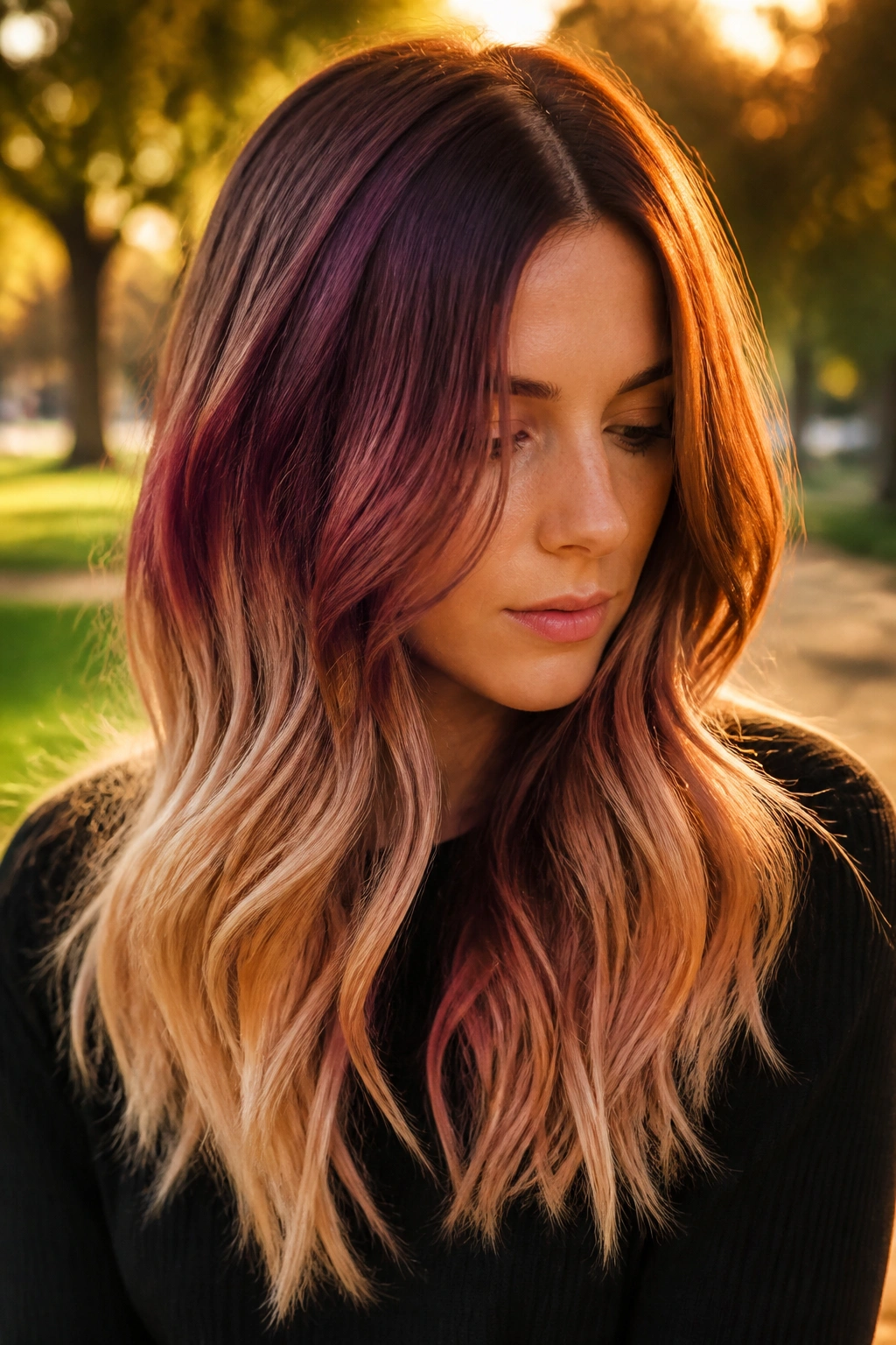 Close-up of a real woman with Velvet Auburn Ombré in golden hour light
