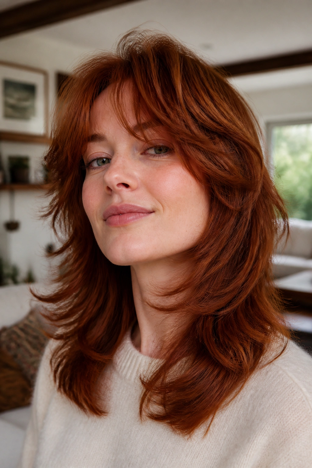 Close-up of a real person with velvet auburn shag hairstyle