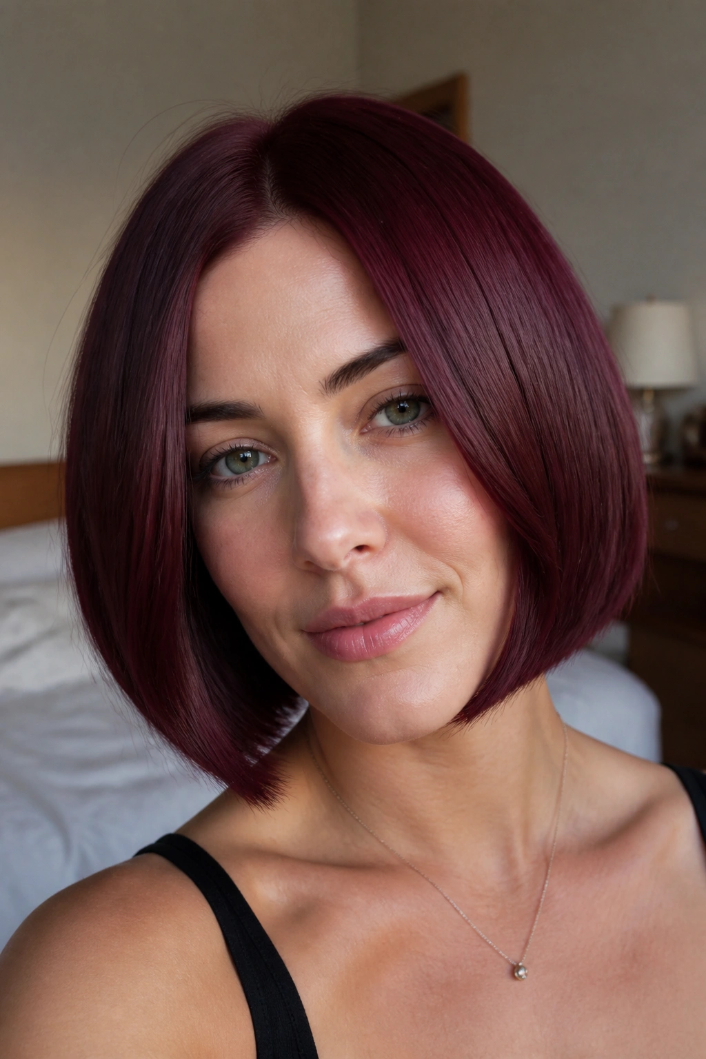 Close-up of real woman with beetroot purple-red bob color and blunt cut