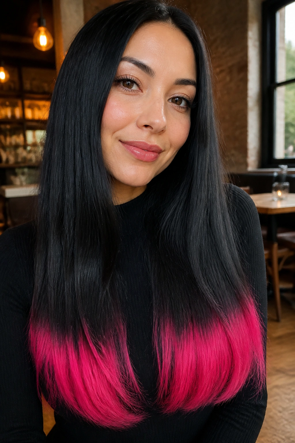 Close-up of velvet black hair with neon pink dip-dye ends