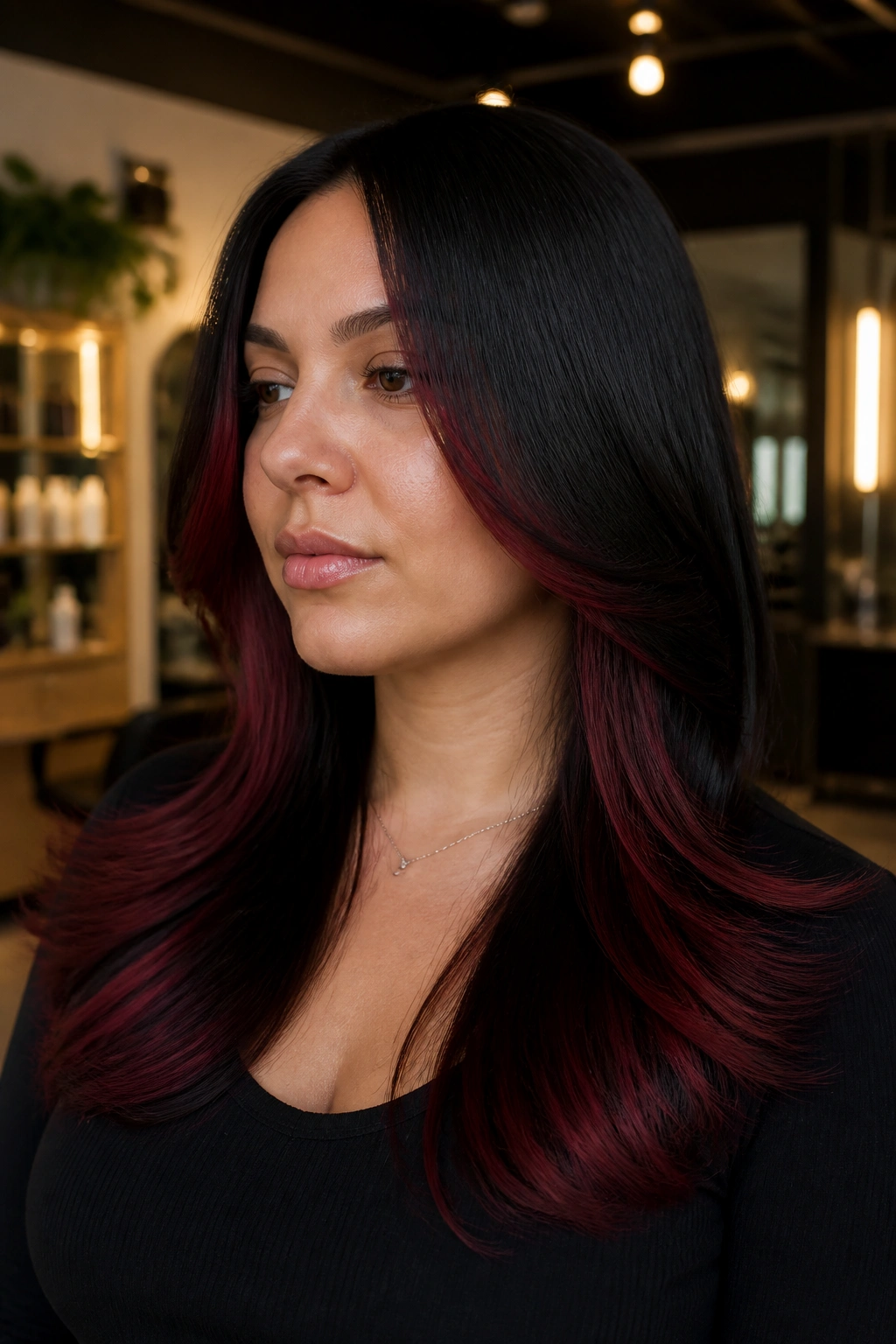 Portrait of a real woman with velvet black panels around temples and cherry-tip ends in straight hair