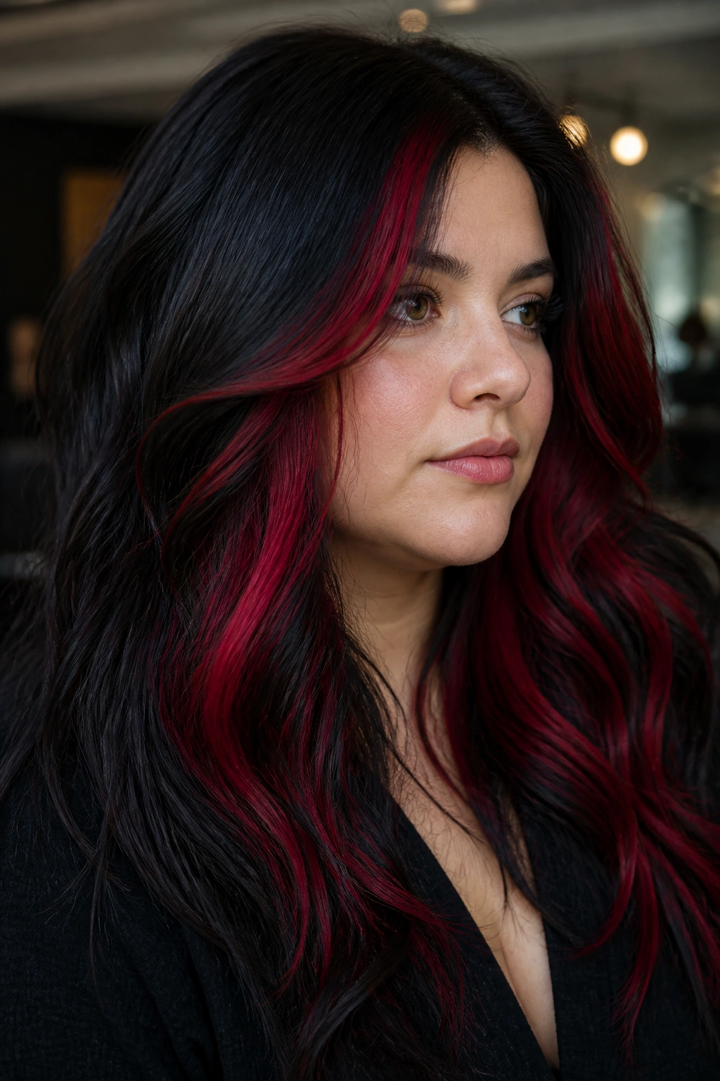 Close-up portrait of a real person with velvet black hair and fire red streaks