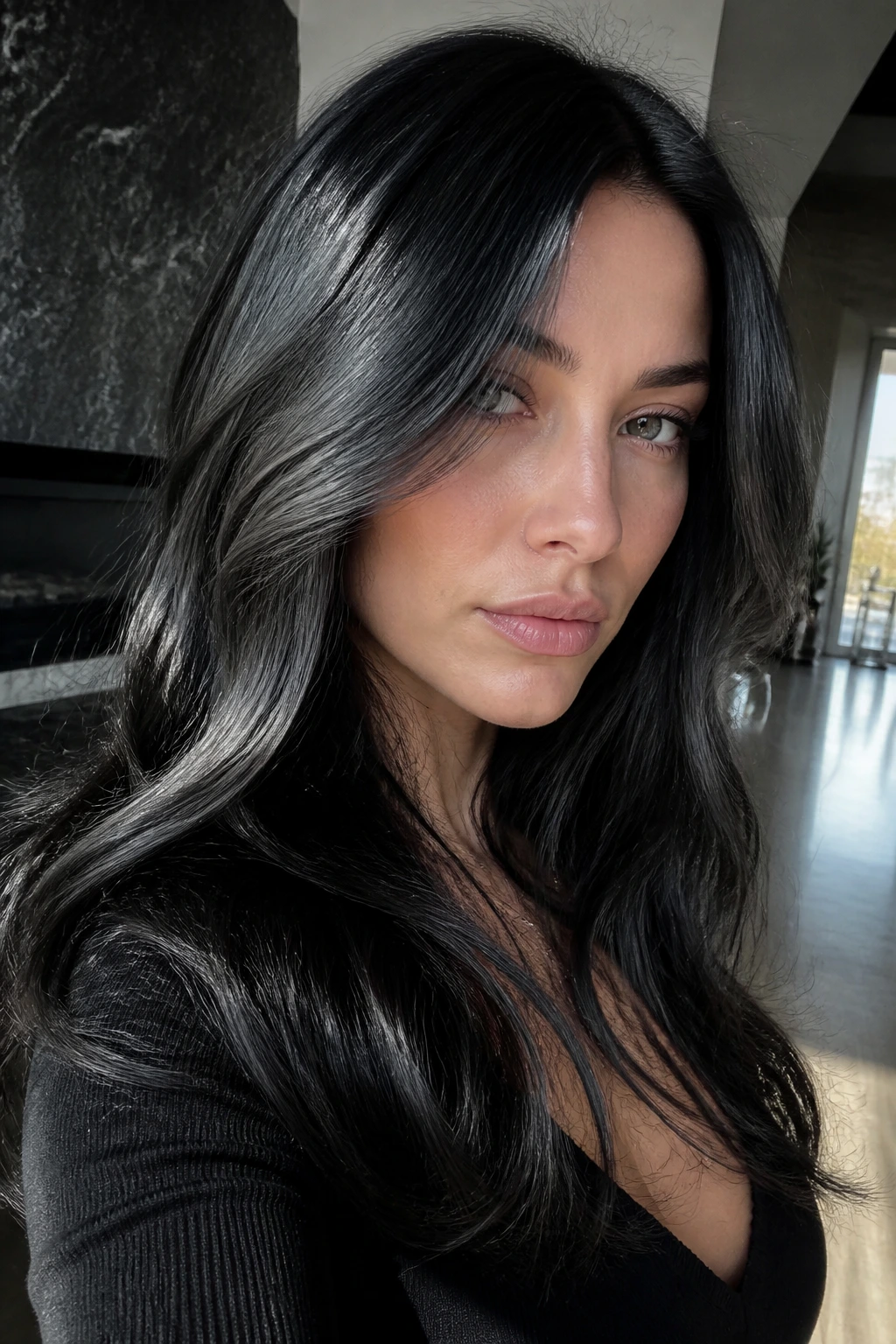 Portrait of a person with velvet-black hair and a subtle metallic gray veil catching light.