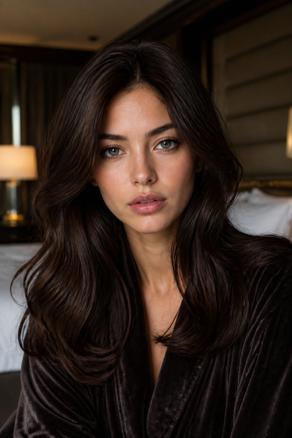 Close-up of a woman with velvet brown hair and plush finish