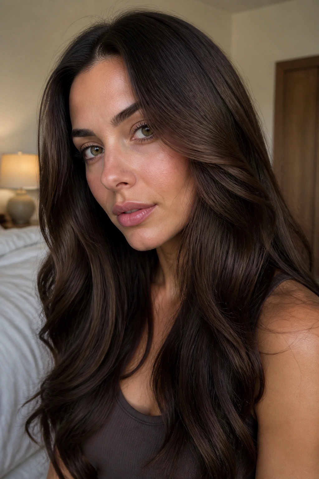 Close-up portrait of a woman with velvet brunette hair and glossy finish
