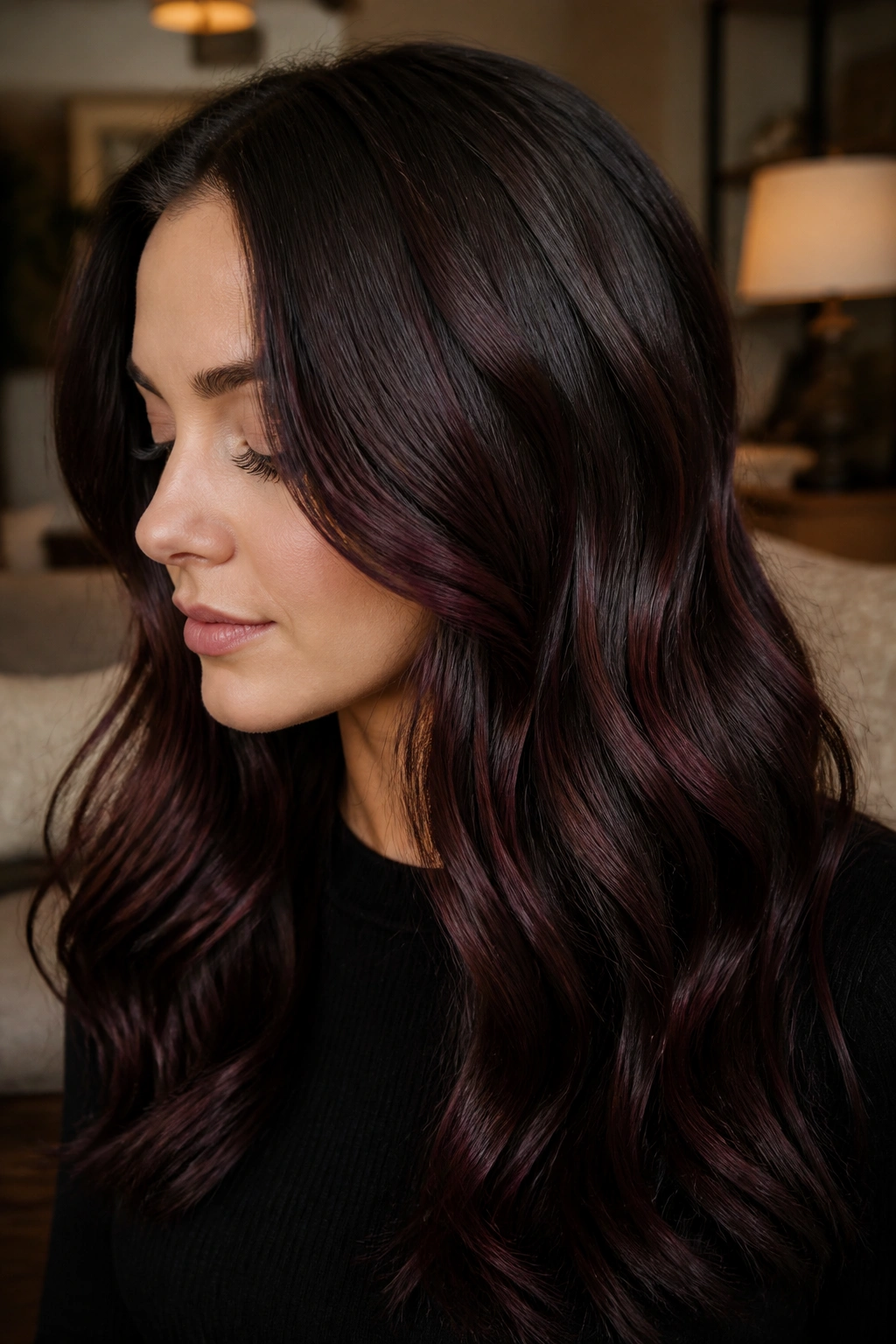 Brunette with plum-cherry lowlights in warm indoor light