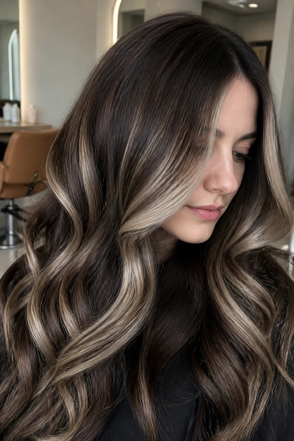 Close-up of a real woman with velvet brunette hair and ash-blonde ribbon highlights