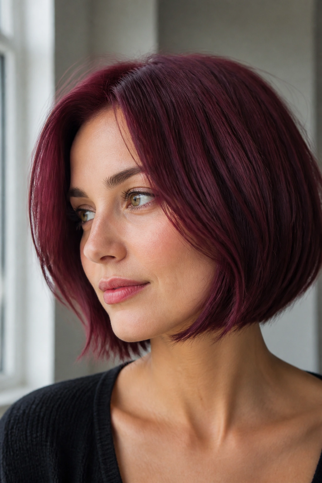 Portrait of a woman with velvet burgundy bob hair.