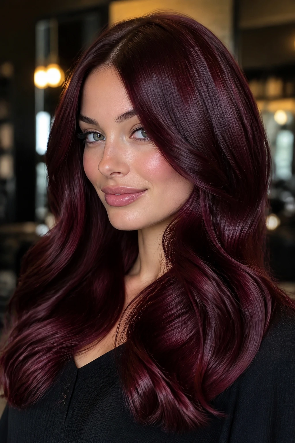 Close-up of a real person with deep velvet burgundy glossy hair.