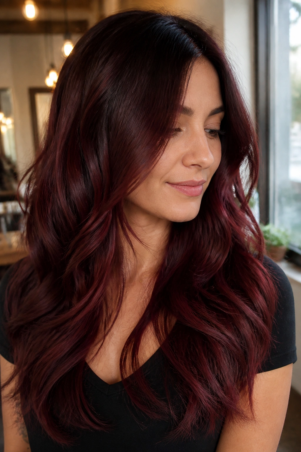 Close-up of velvet burgundy layered waves on a real woman in natural light.
