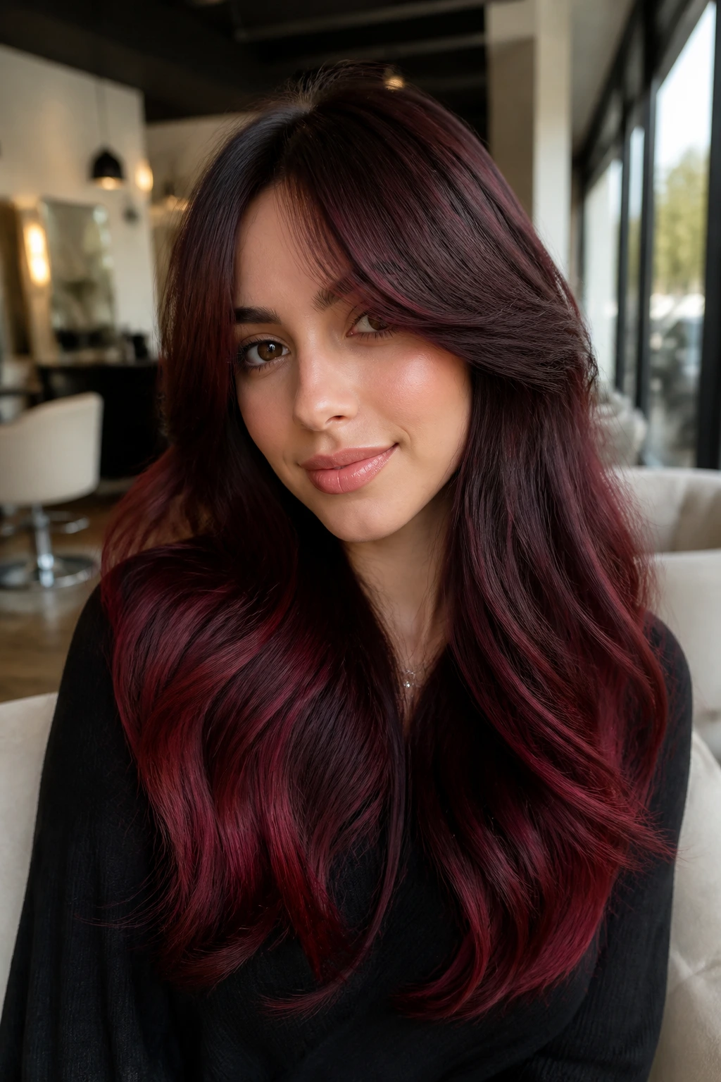 Portrait of a woman with velvet burgundy ombre and curtain bangs in a sunlit salon