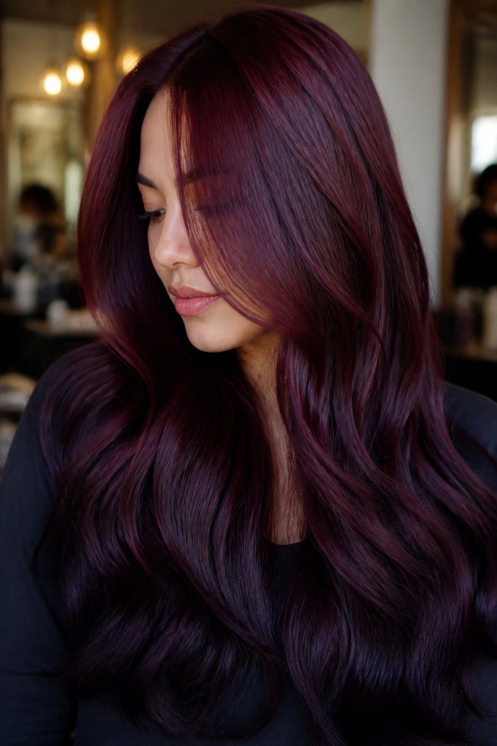 Close-up of long hair with velvet burgundy roots fading to blackened plum ends on a real person