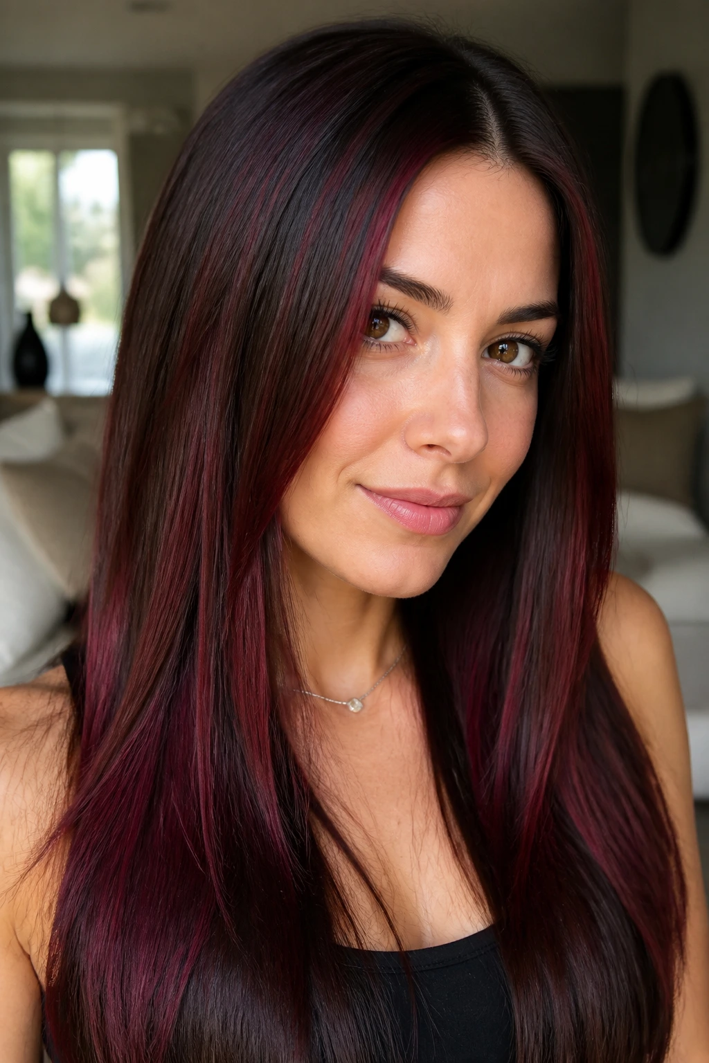 Real woman with deep velvet burgundy highlights in straight brown hair