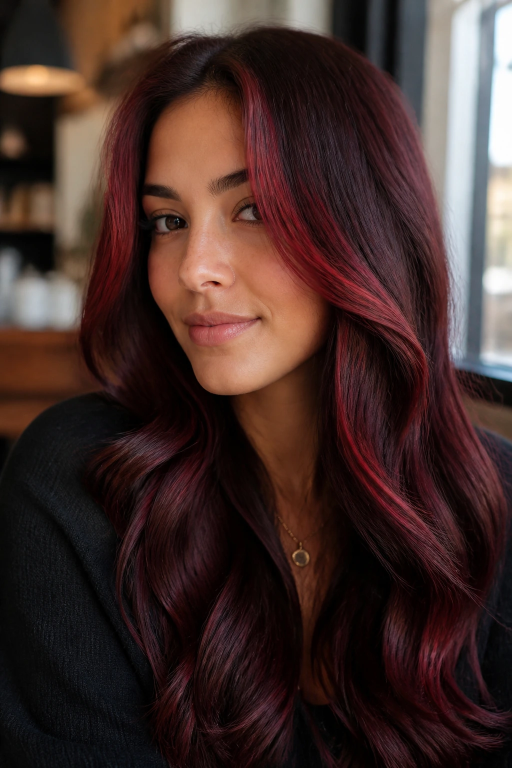 Portrait of a real woman with velvet burgundy and face-framing burgundy streaks.