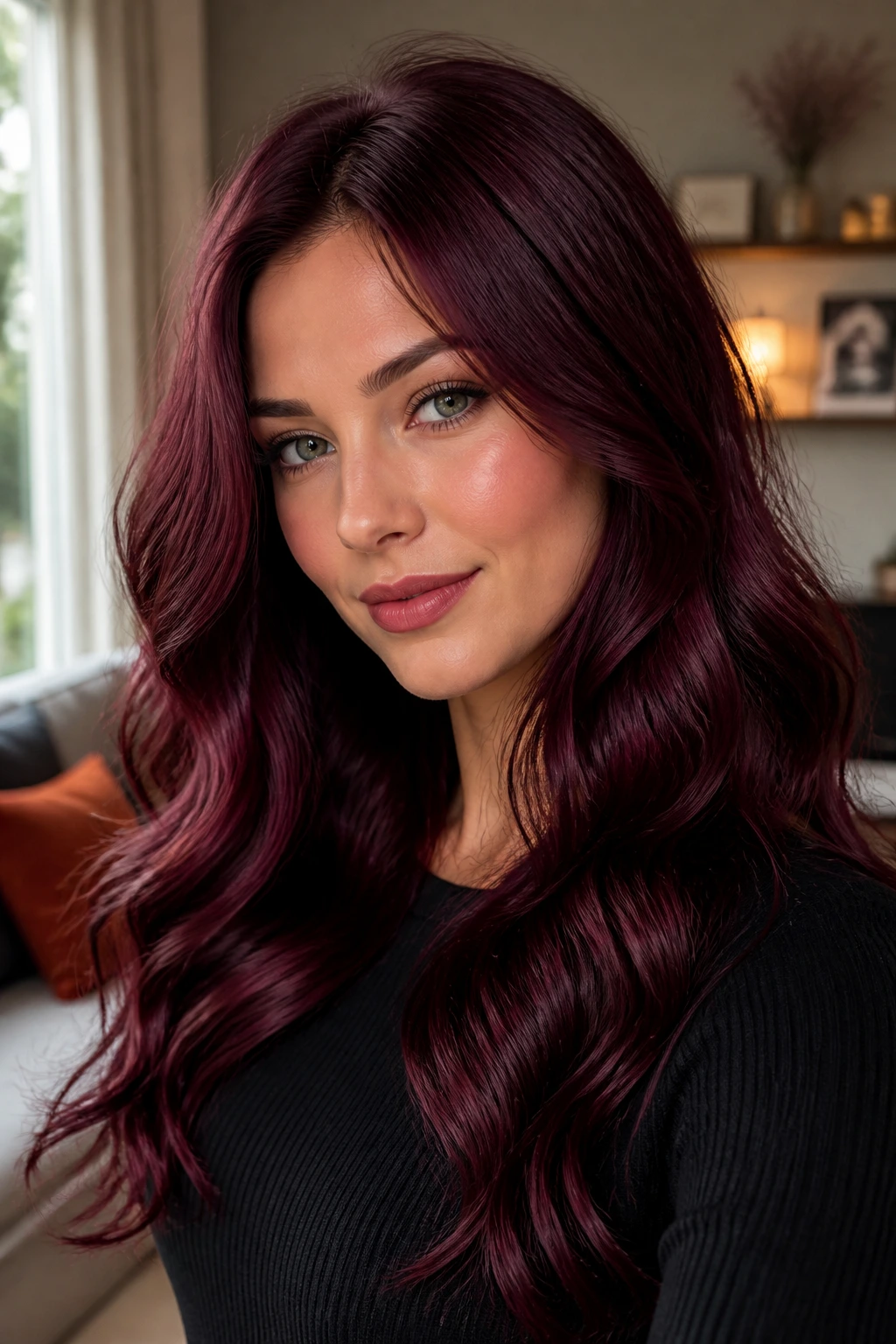 Close-up portrait of a real woman with velvet burgundy waves and plum undertones.