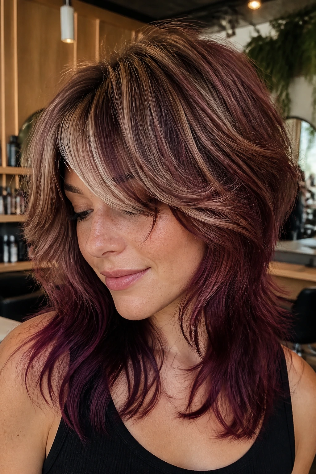 Close-up portrait of a real woman with velvet Cabernet burgundy shag ends in warm salon light