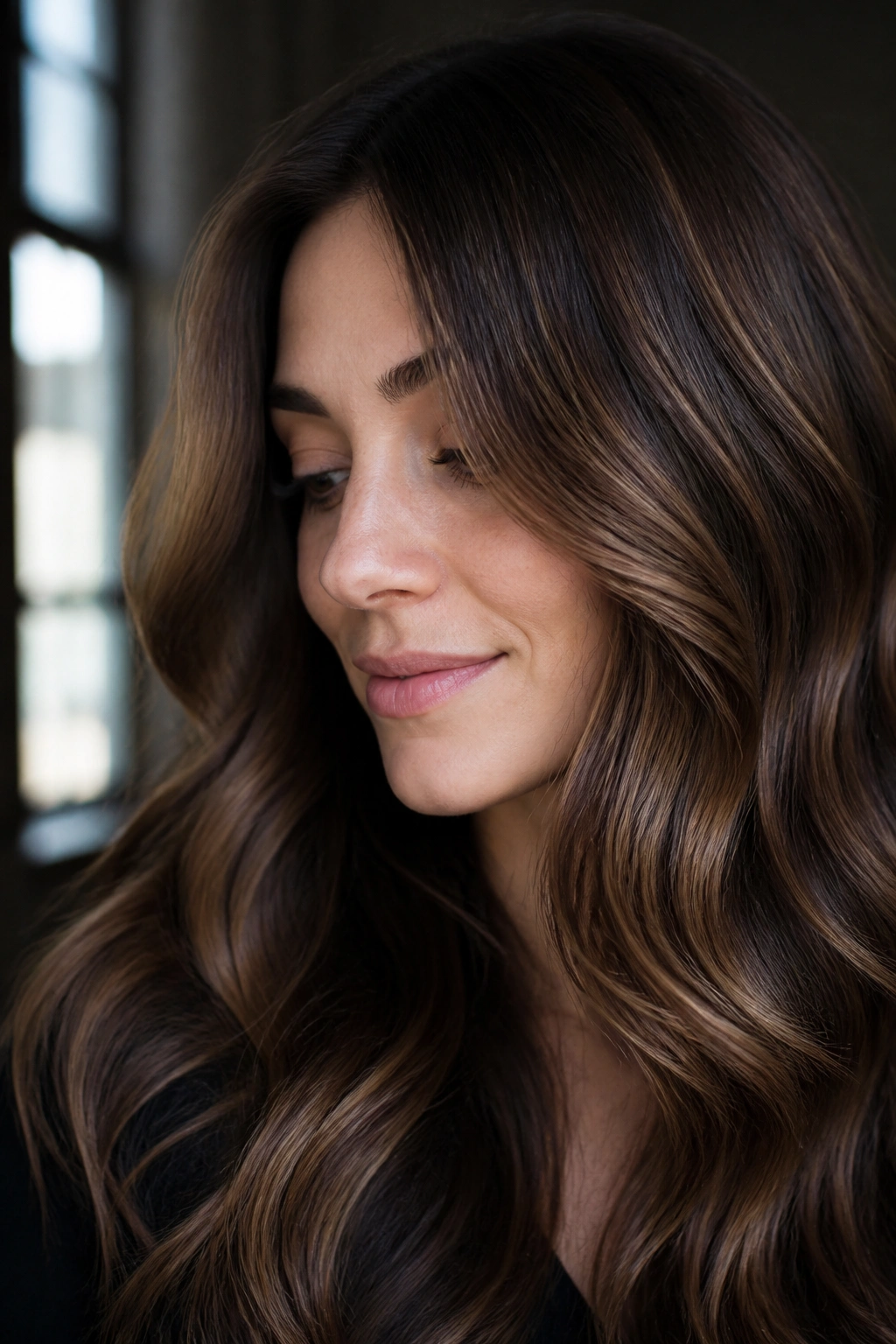 Close-up portrait showing velvet caramel lowlights on medium brown hair.