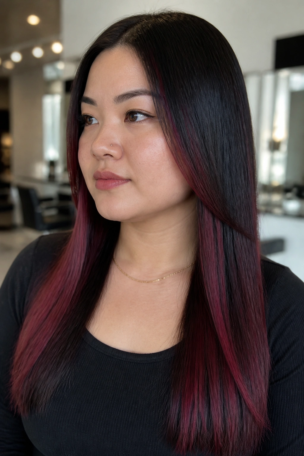 Close-up of real person with straight hair showing velvet cherry panels
