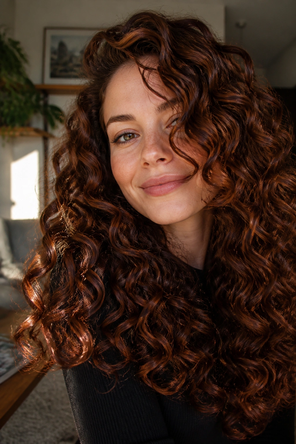 Close-up of a real woman with velvet chestnut curls