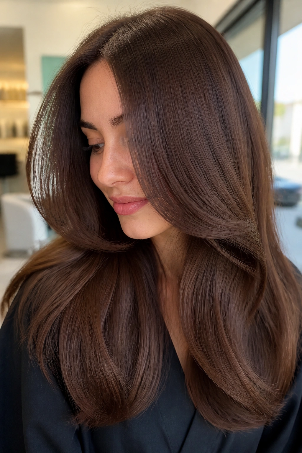Close-up of Velvet Chestnut One-Process Color hair with even glossy chestnut tone