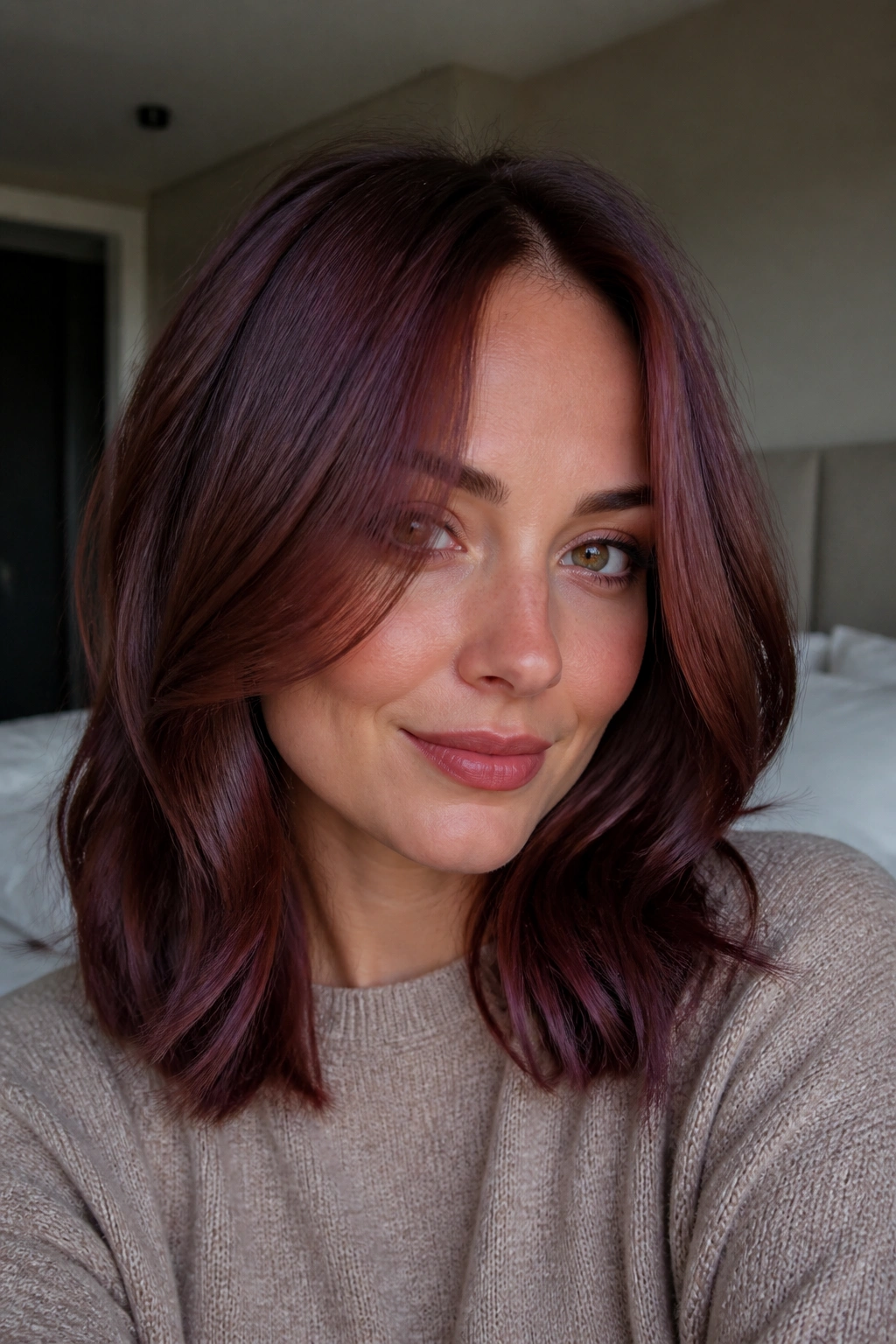 Close-up portrait of a real person with velvet chestnut hair and violet base