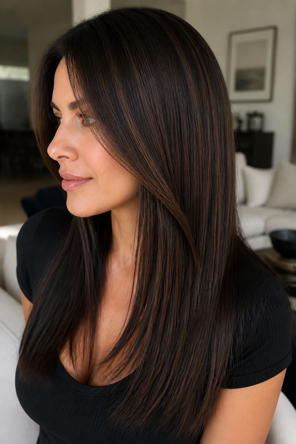 Straight brunette with velvet chocolate dimension and soft, feathered lowlights.
