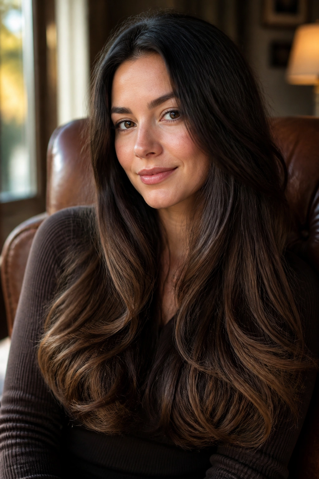 Close-up of brunette hair with velvet chocolate ends catching light
