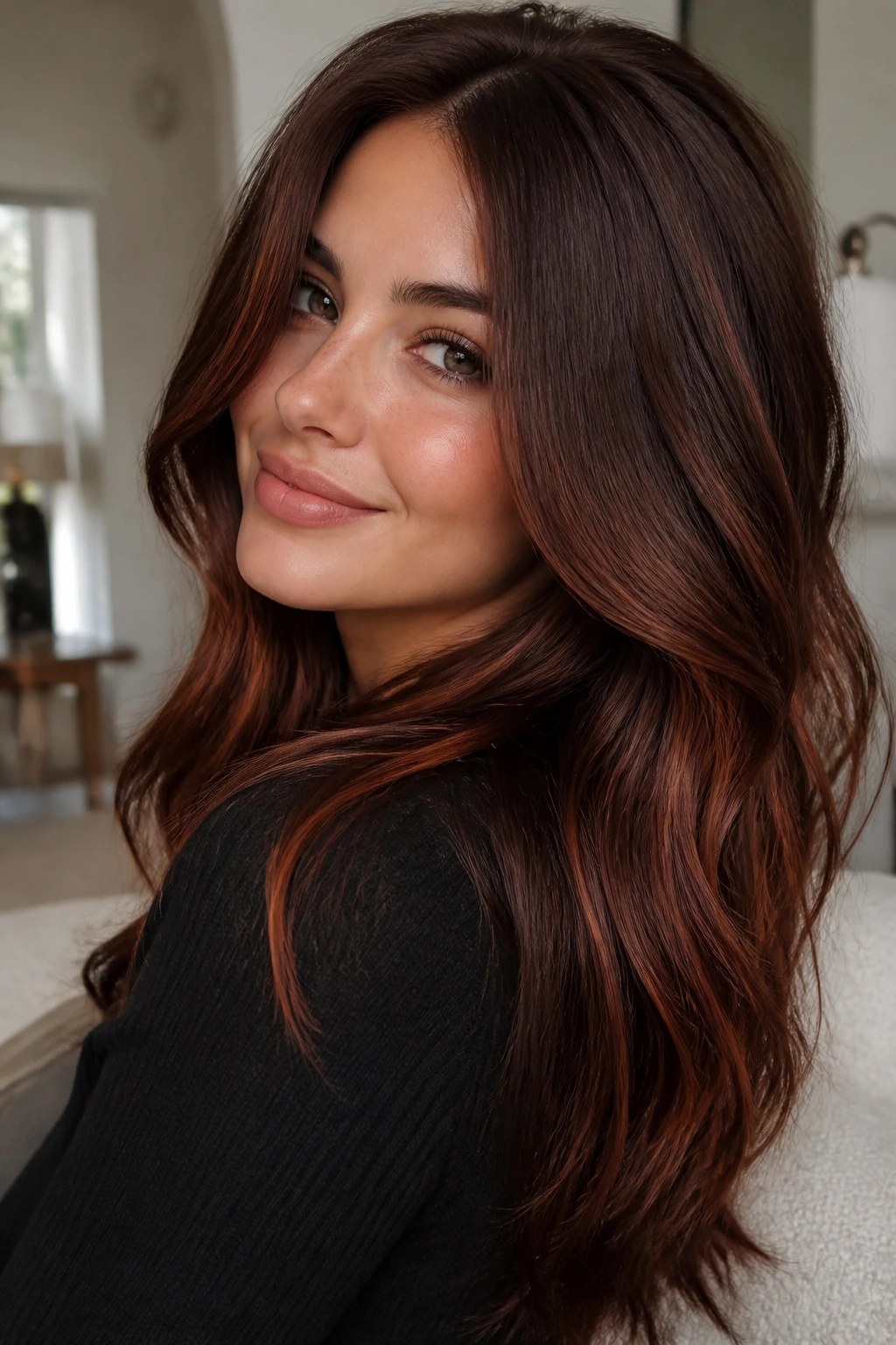 Close-up portrait of a woman with velvet copper brunette hair and soft copper glow.