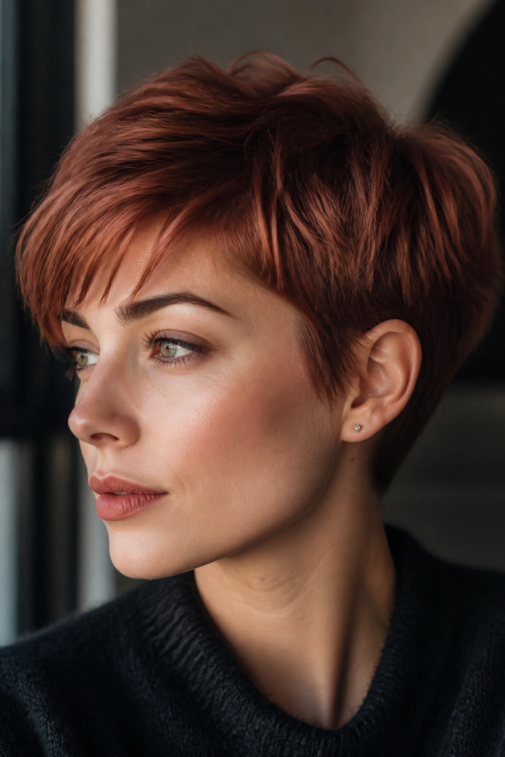 Close-up of real person with velvet copper short hair