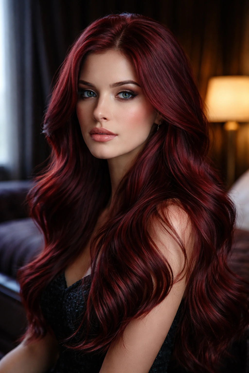 Close-up of velvet crimson hair on a real woman in a moody hotel setting