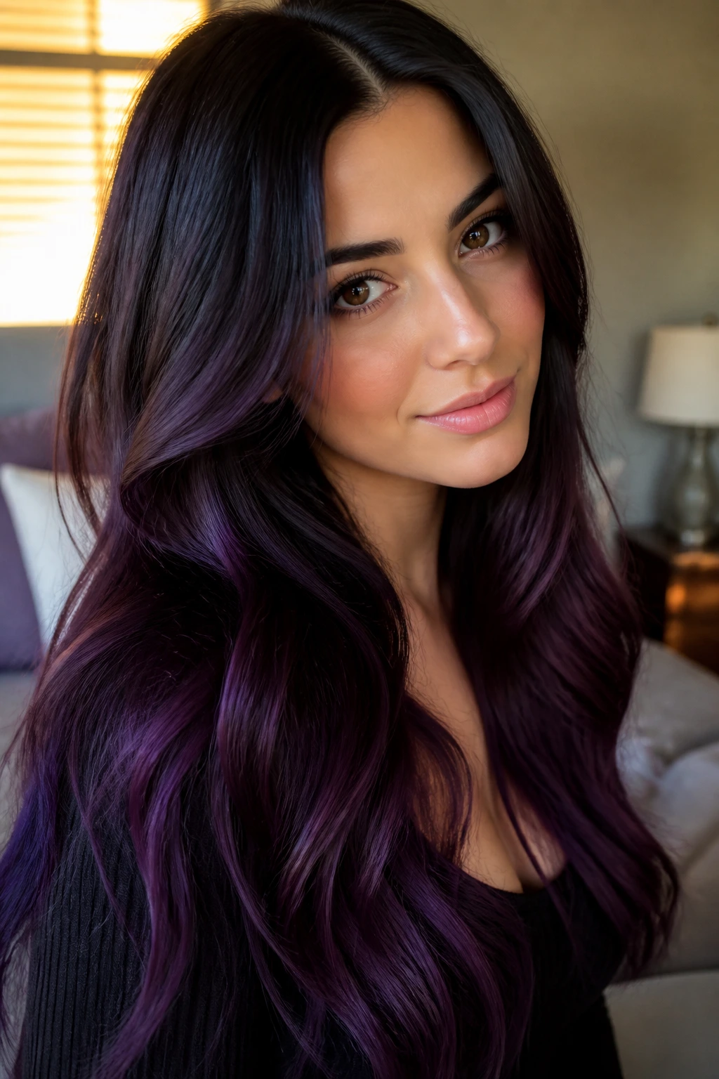 Close-up portrait of a real woman with velvet eggplant ombre hair on long locks in warm window light