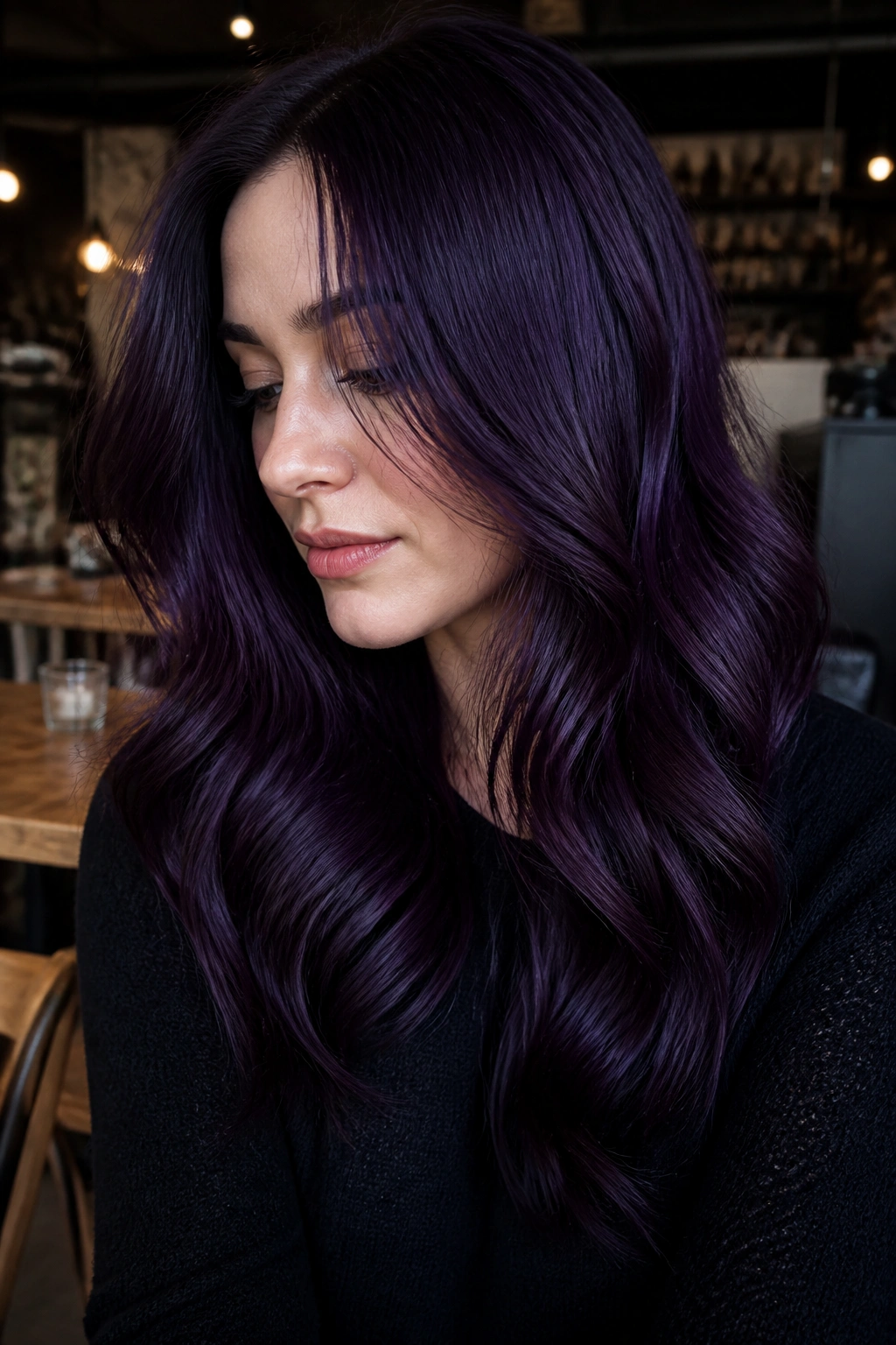 Portrait of a person with velvet eggplant waves under moody warm lighting.