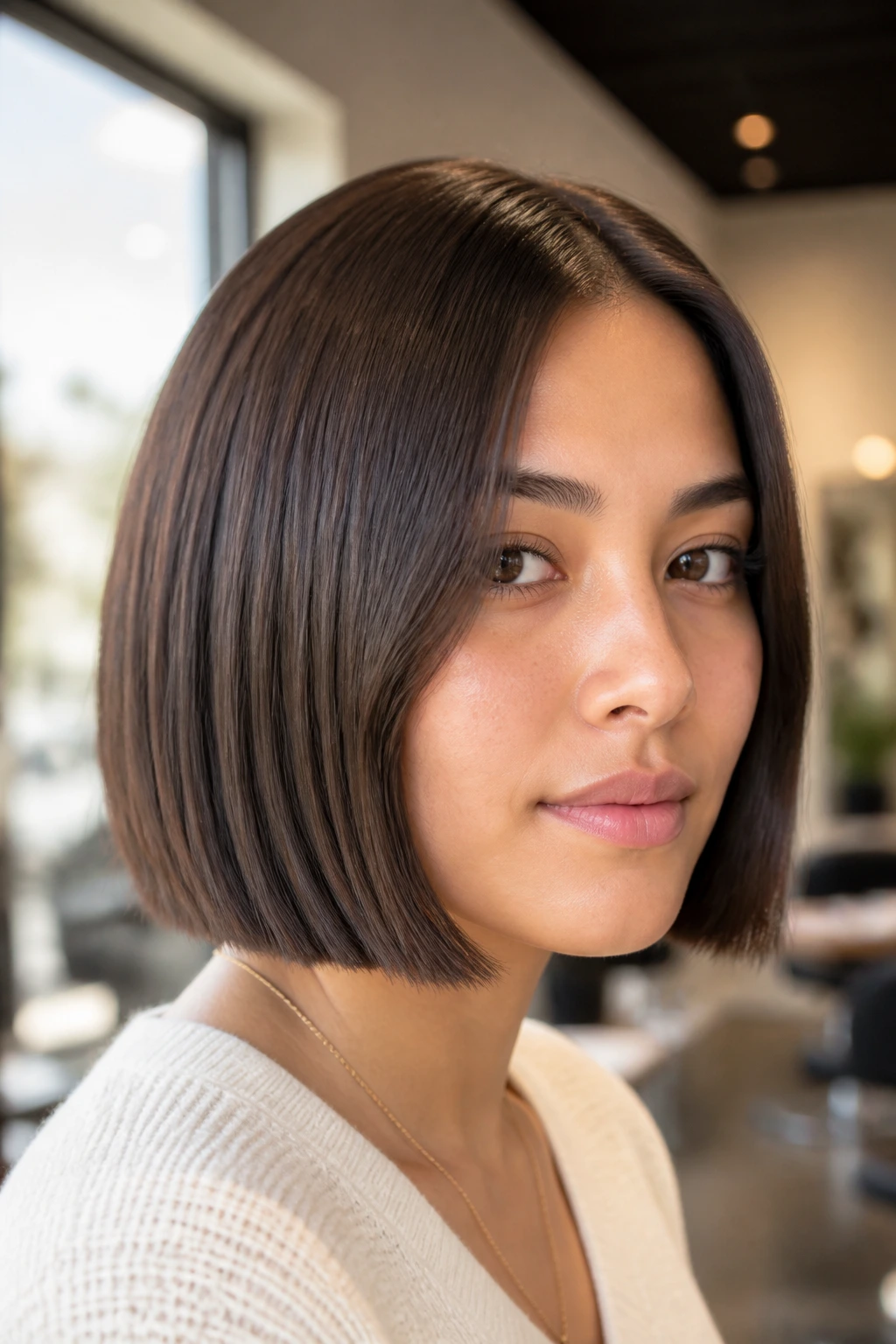 Close-up of real woman with Velvet Espresso Bob, deep cool brown bob with blunt ends and glossy finish in a sunlit salon