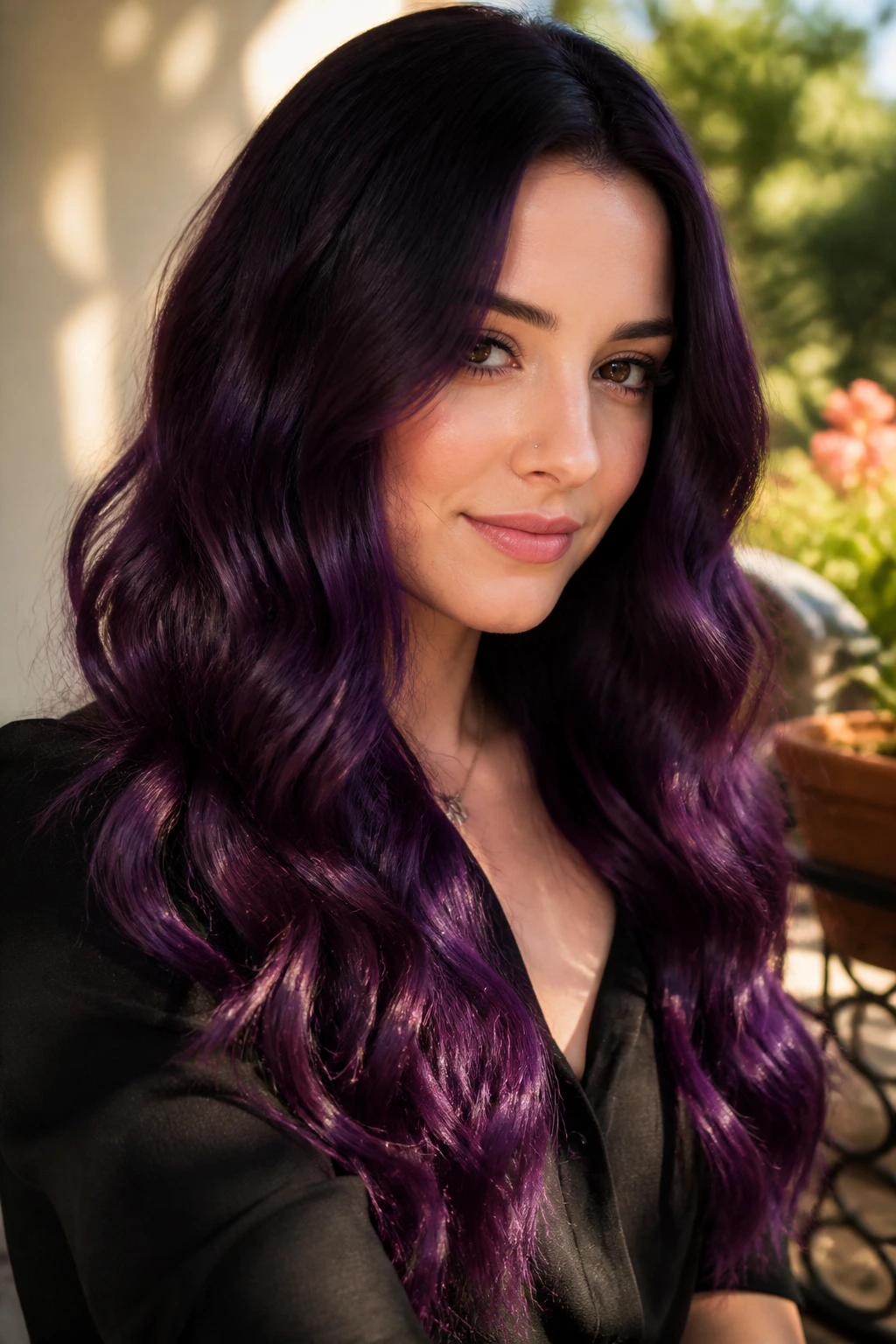 Close-up of a real woman with velvet grape waves and rich purple hues