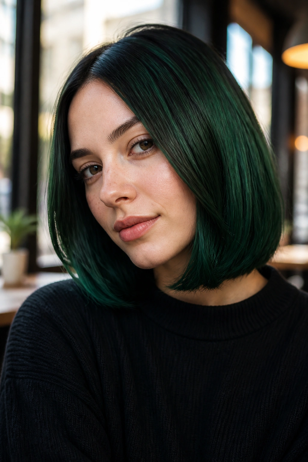 Close-up of a real person with Velvet Green Lob hair in emerald tones